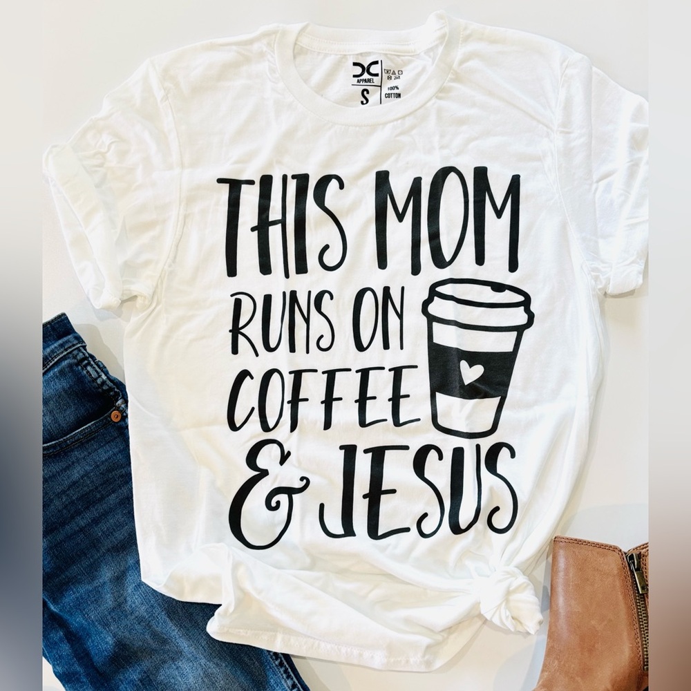 Women’s -White Graphic Tee with a Jesus and Coffee print! Adorable shirt!